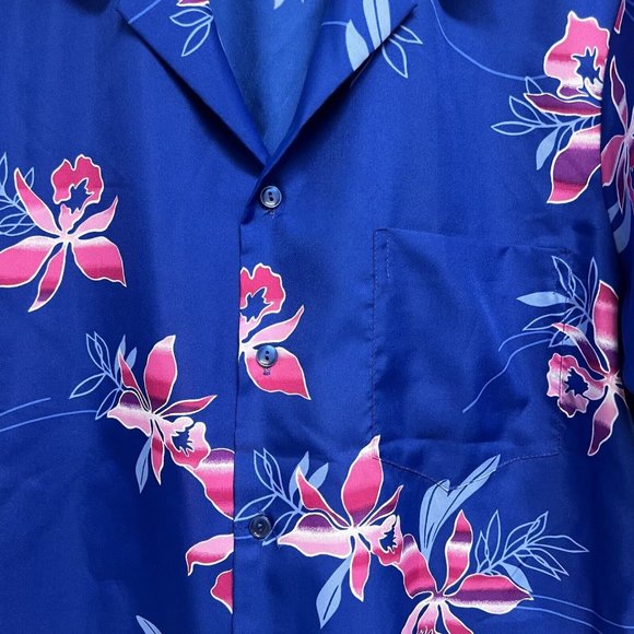 Vintage Hilo Hattie Mens Hawaiian Shirt Size L Blue Pink Floral Aloha Button Up - Picture 2 of 5